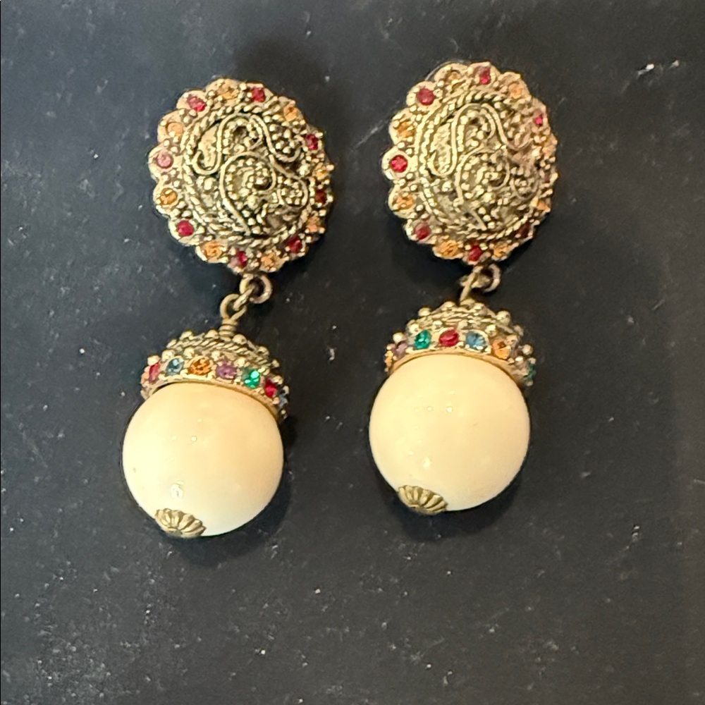 Heidi Daus Gold and Cream Dangle Earrings with Multicolor Accents